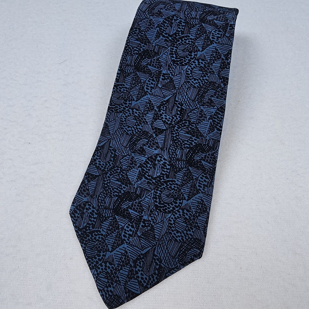 Christian Dior Mens Necktie‎ Handmade Blue Black Geometric Silk USA Italy Woven